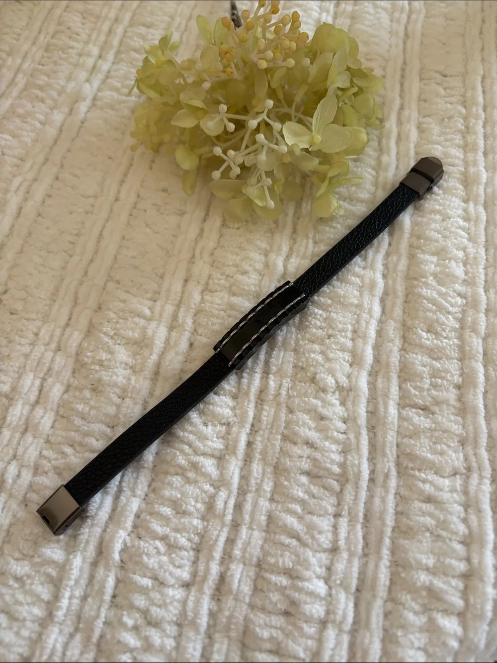 Men's Black Leather Bracelet with Stainless Accent